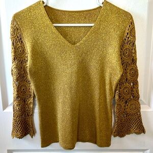 Vtg 90s Y2K gold threaded CROCHET sleeve sweater top S M disco jeans glam boho